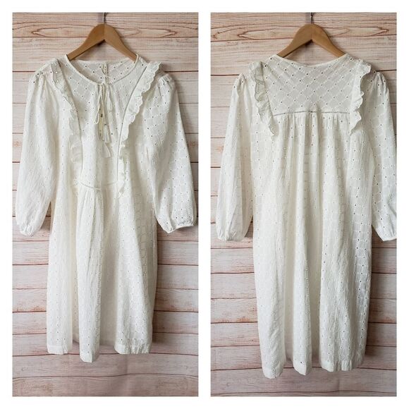 Anthropologie Dresses & Skirts - Anthropologie Eyelet Tie Neck 100% Cotton Summer Dress White Size 4 Round Neck